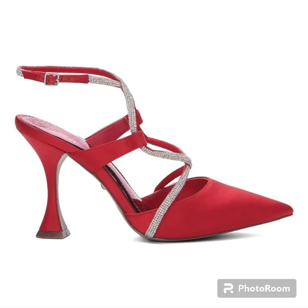 Vince Camuto Kadrya Red Rhinestone Ankle Strap Dress Heels 7.5 New